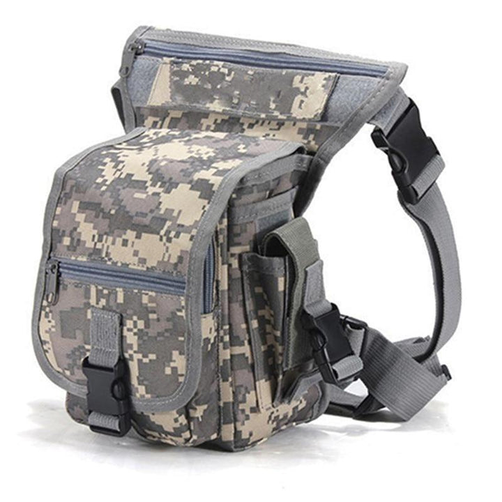 Detail of a men's water-resistant tactical drop leg bag, showcasing its durable material.