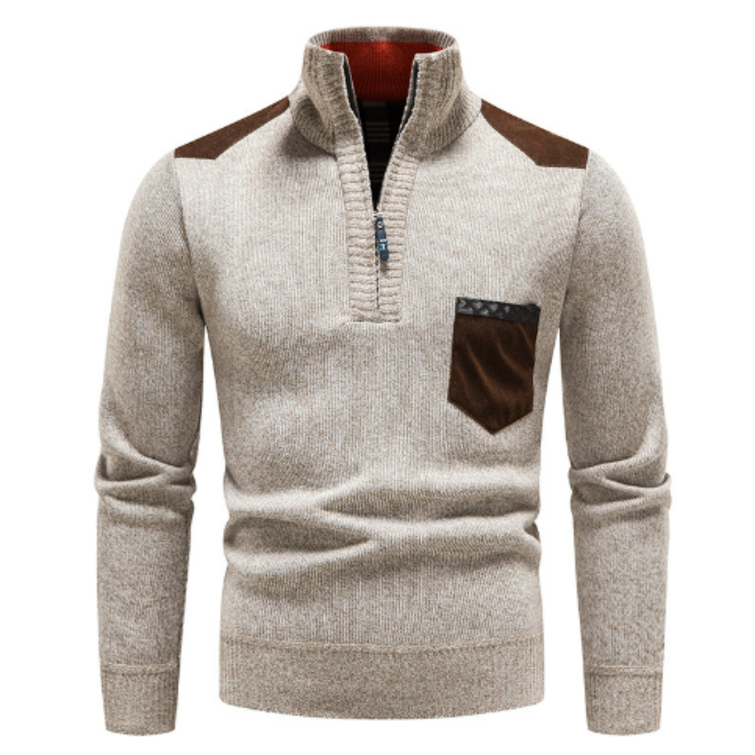 Men's Edge Zipper Neck Pullover Sweater, a stylish long-sleeve top for fall & winter casual wear.