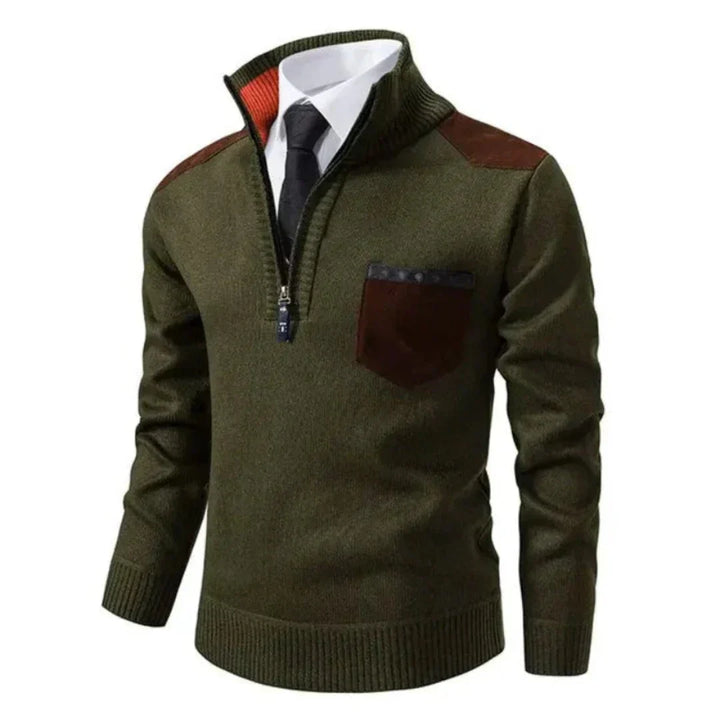 Detail shot of the edge zipper neck and ribbed cuff on a comfortable men's long sleeve pullover sweater.