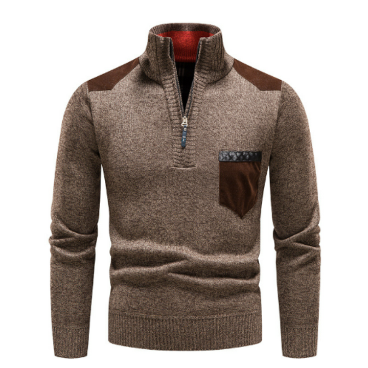 Men's fall winter collection: a warm, long-sleeve pullover sweater with a distinctive edge zipper neck.