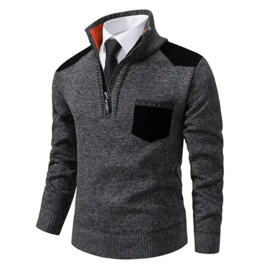 Close-up of the stylish edge zipper neck on a men's long-sleeve pullover sweater, showing detail.