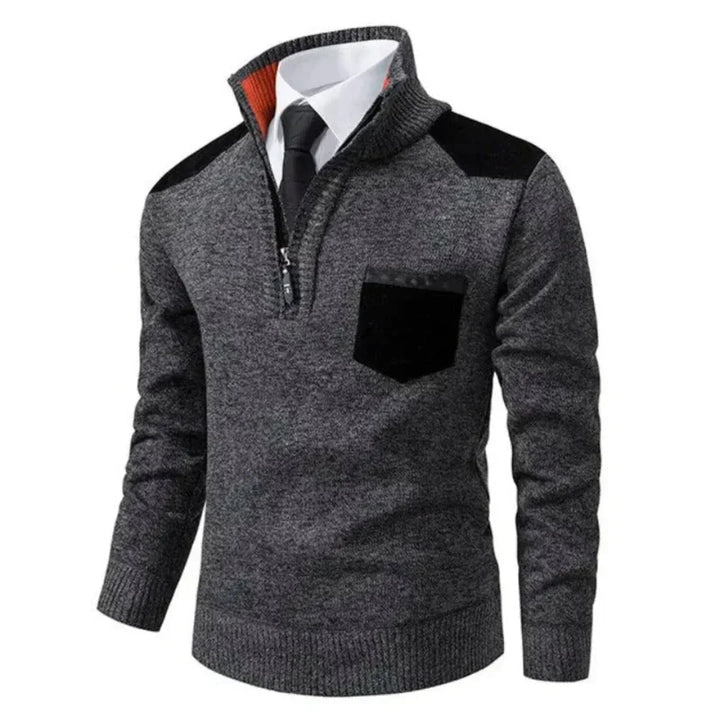Close-up of the stylish edge zipper neck on a men's long-sleeve pullover sweater, showing detail.