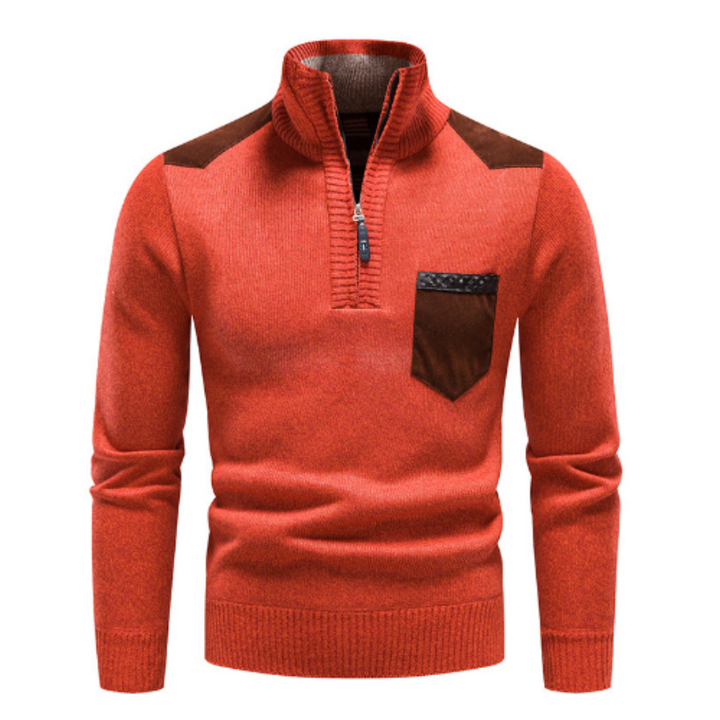 Warm & comfortable men's long-sleeve pullover sweater with a modern edge zipper neck, ideal for fall winter.