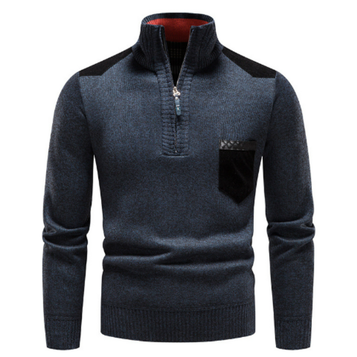 Front view of a men's Edge Zipper Neck Long Sleeve Pullover Sweater, a key piece for men's clothing.