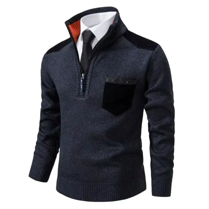 Stylish men's sweater, Cedric, featuring an edge zipper neck and long sleeves for modern fall fashion.