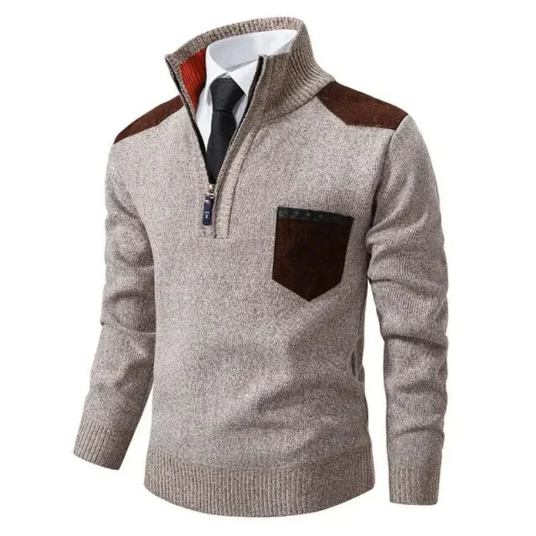 Casual men's long sleeve pullover with a unique edge zipper neck, offering a comfortable & warm top.