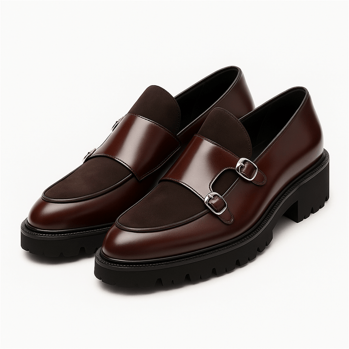 Men's elegant brown dual buckle monk strap loafers, perfect for dress or smart casual wear.