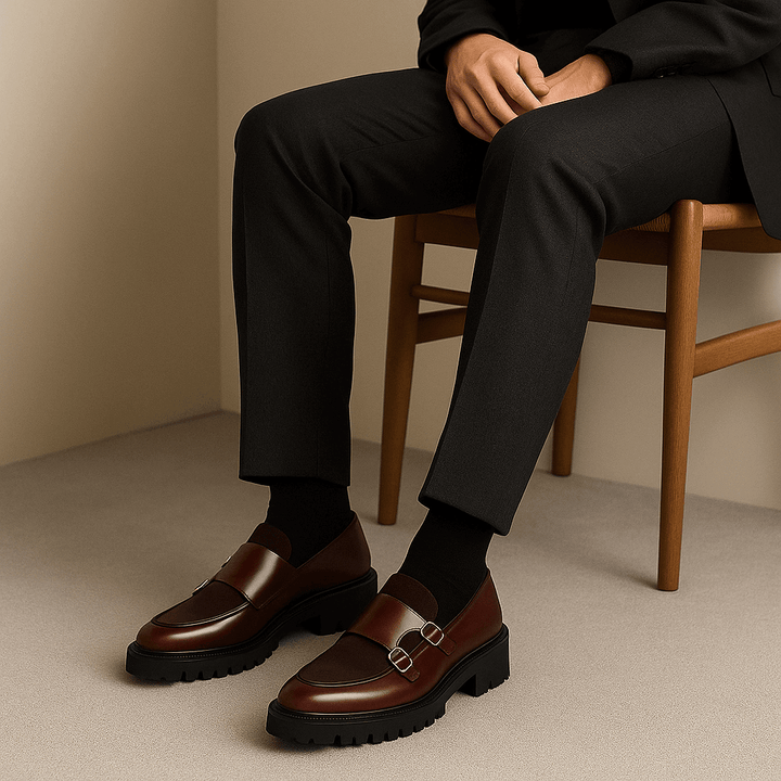 Men's stylish camel slip-on monk strap loafers featuring an elegant dual buckle design.