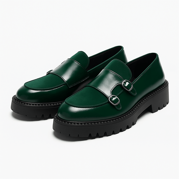 Elegant men's dual buckle monk strap loafers in a classic brown finish. Sophisticated footwear.