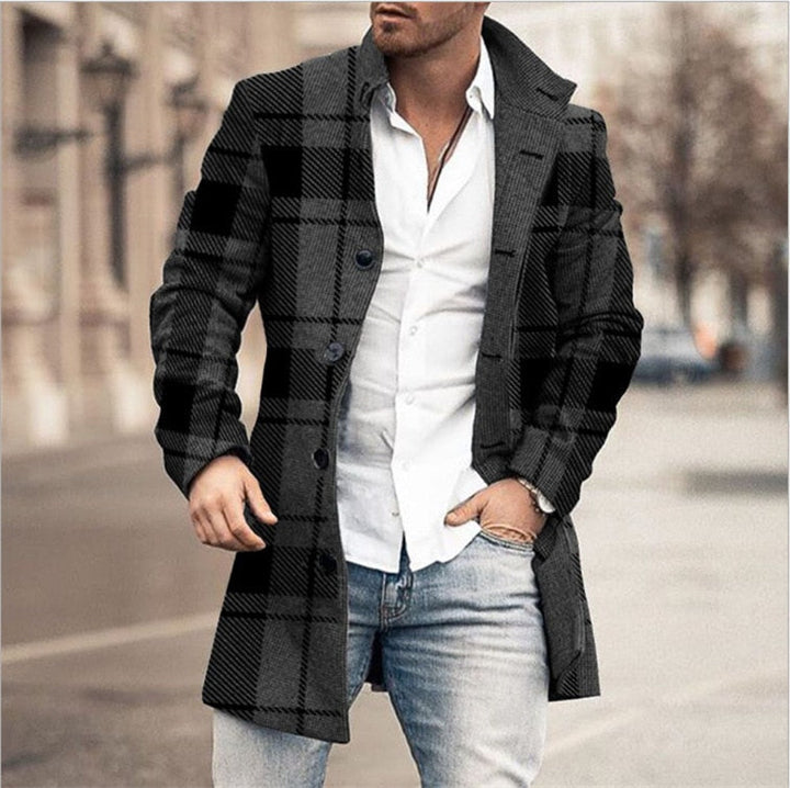 Men's elegant checked wool winter overcoat, clear silhouette, perfect for stylish cold weather fashion.