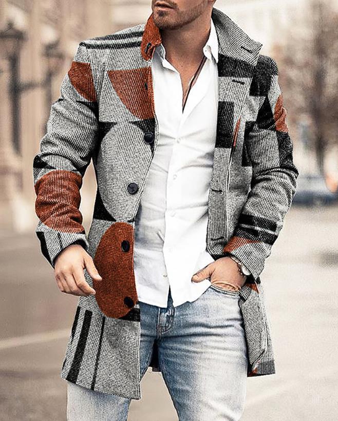 Stylish men's long checked wool overcoat, versatile for formal & casual winter outfits, timeless design.