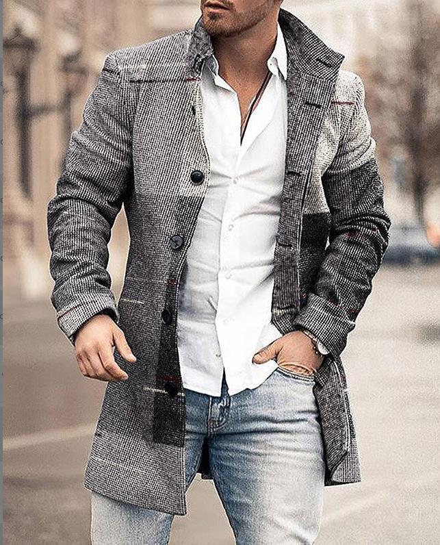 Classic men's checked wool overcoat for winter, sleek silhouette, blending timeless fashion with modern design.