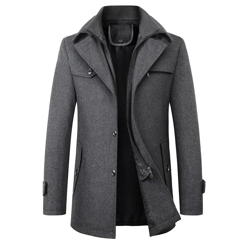 Stylish men's winter overcoat with button closure, a tailored formal outerwear option