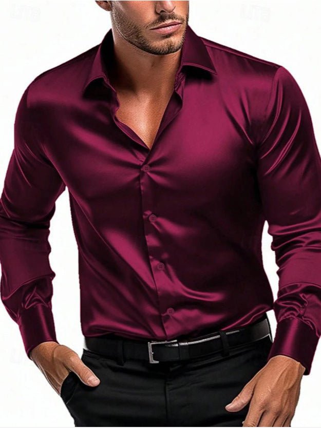 Men's elegant long sleeve dress shirt with polished sheen & Italian collar. Perfect for formal events & business attire.