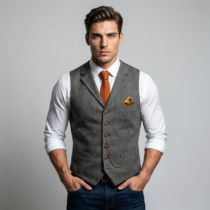 Men's elegant slim-fit checked waistcoat, versatile for formal or casual outfits. Stylish men's fashion vest.