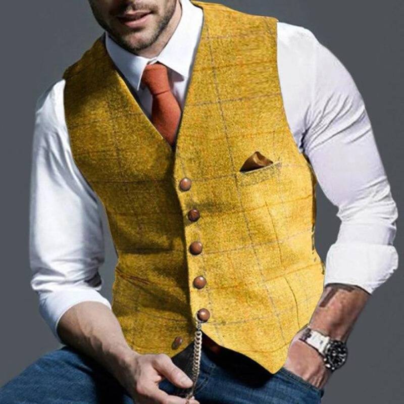 Men's formal checked vest, ideal for layering or smart casual looks. Elegant slim fit waistcoat for men's fashion.