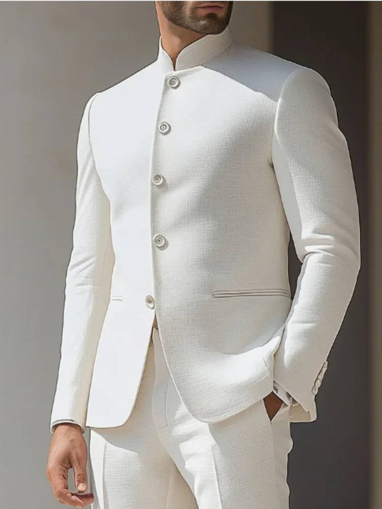 Men's elegant slim fit Nehru suit jacket with band collar. Perfect for formal events, weddings, and party wear.