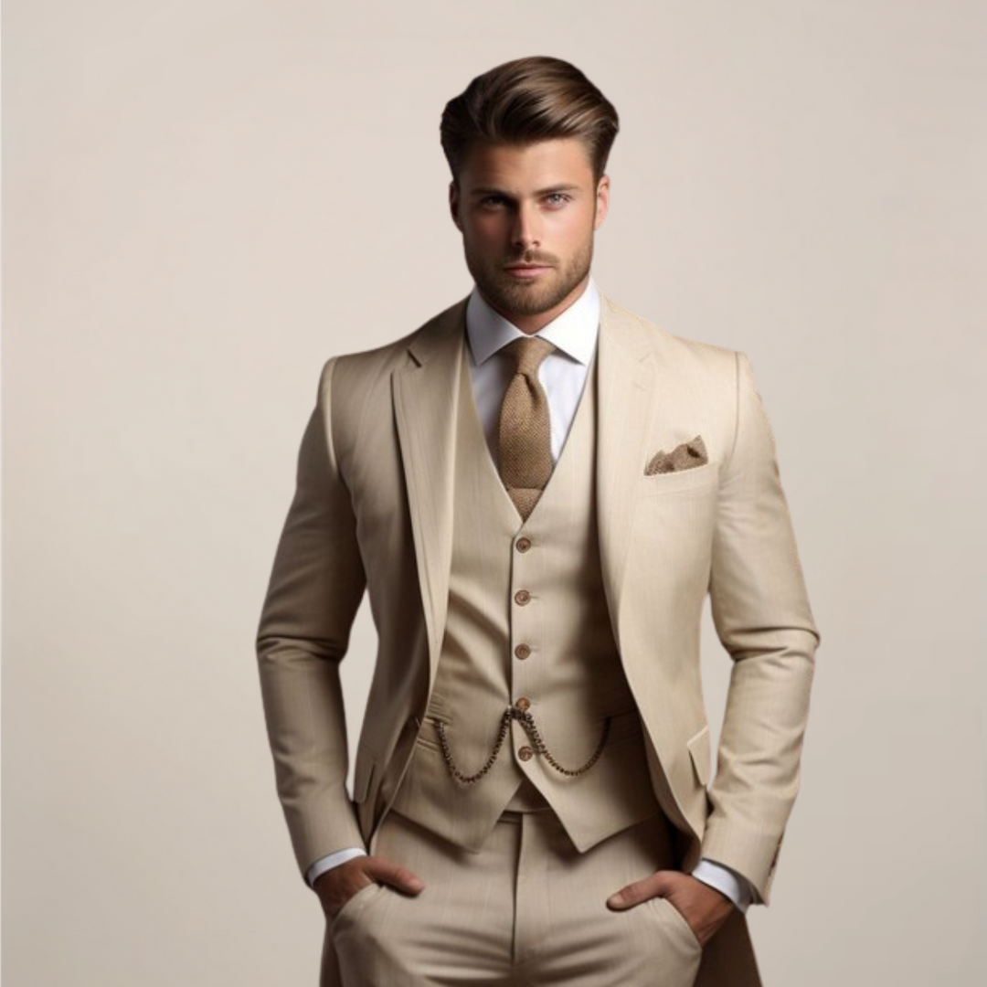 Close-up of elegant men's slim fit three-piece suit fabric, highlighting texture for weddings & formal events.