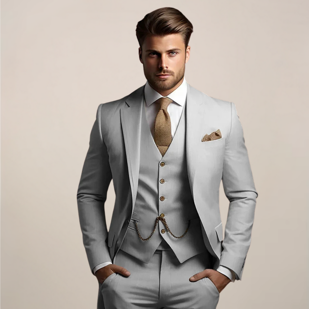 Groom wearing a sharp men's slim fit three-piece wedding suit, ideal for elegant formal special occasions.