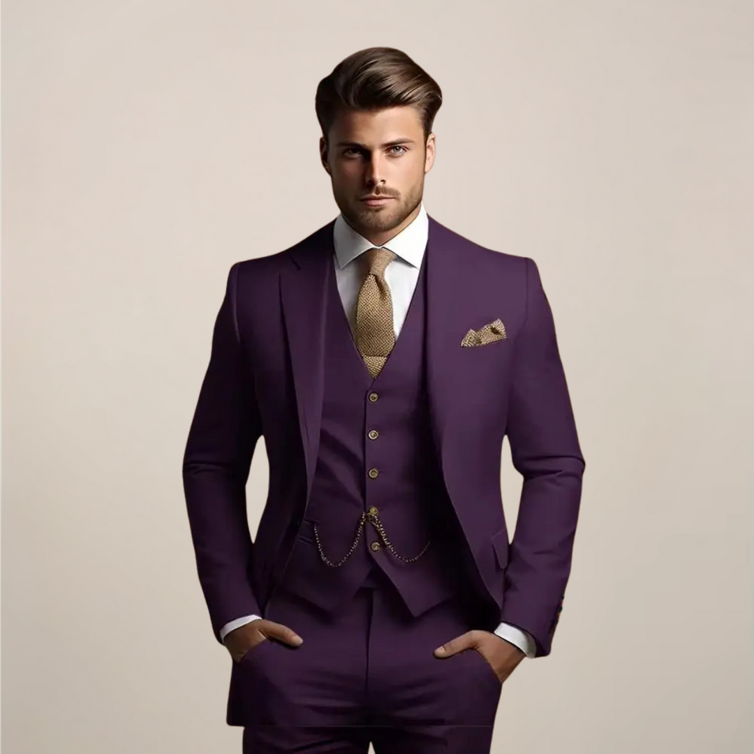 Sophisticated men's slim fit three-piece suit, featuring blazer, vest & trousers for weddings and elegant events.