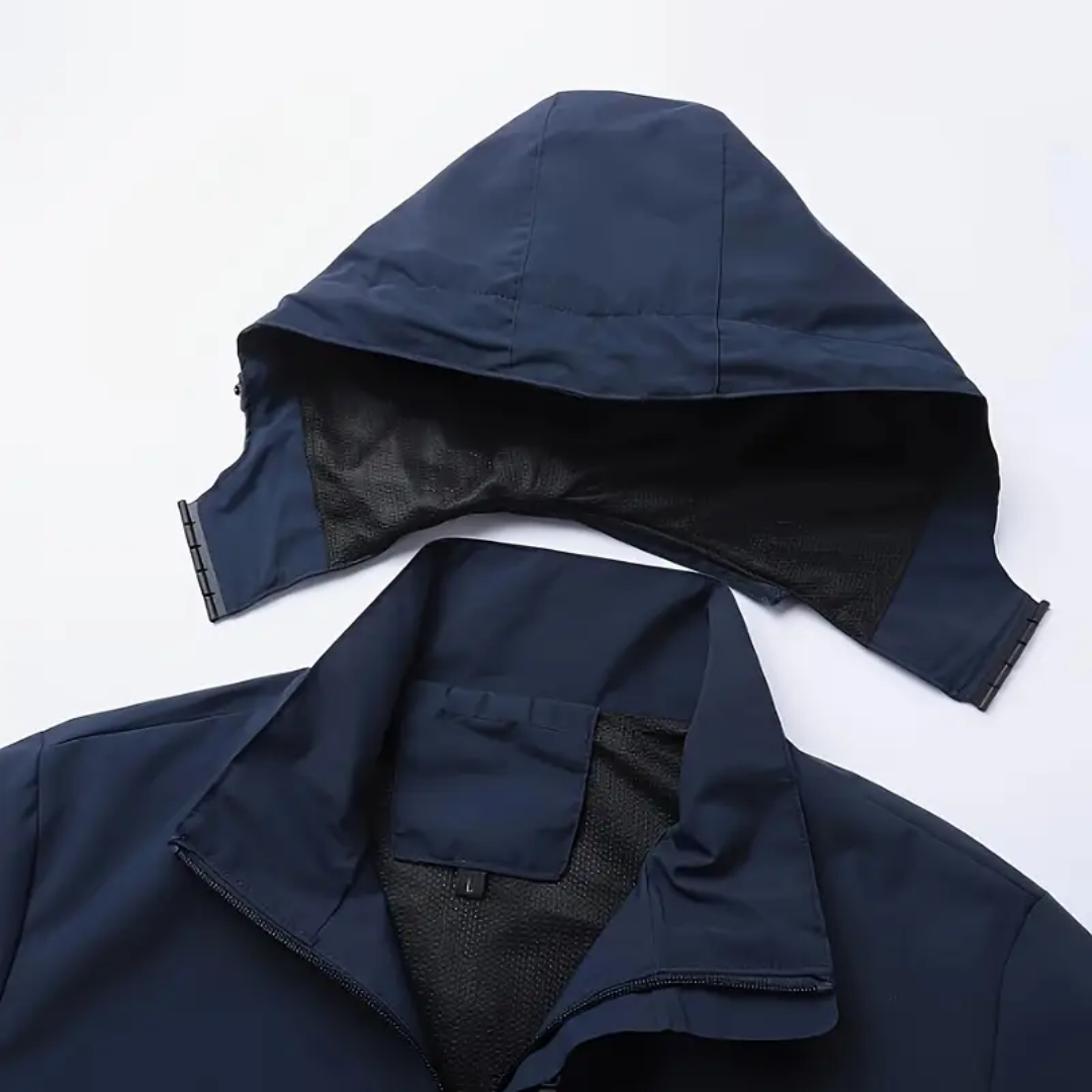 Stylish Elian men's lightweight spring jacket, with a functional removable hood for outdoor use.