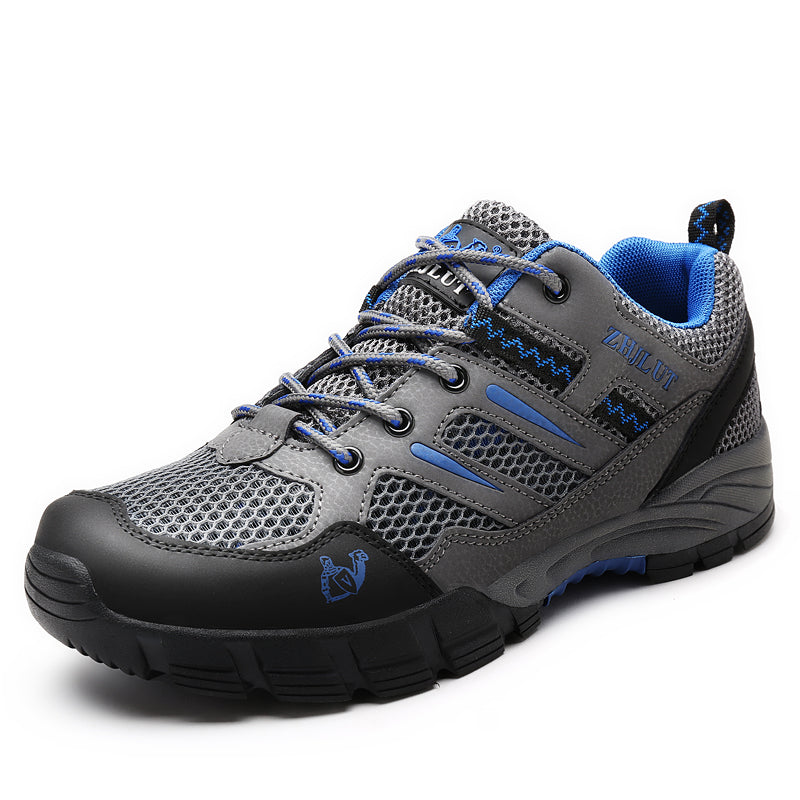Men's Elric waterproof hiking shoes, grey & blue, with cushioned sole for comfort on trails & outdoor adventures.