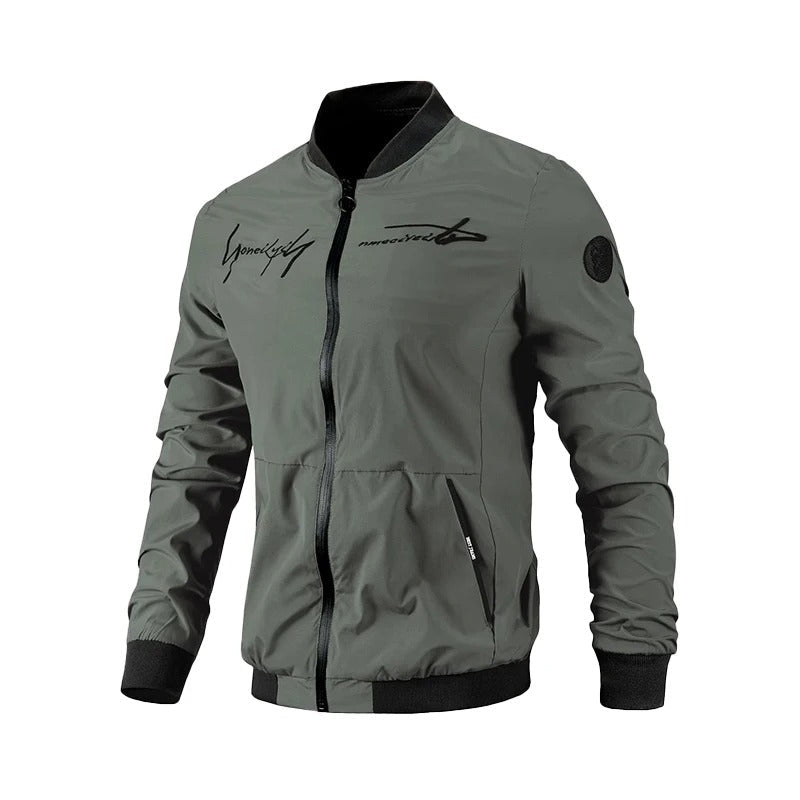 Men's embroidered bomber jacket in black for transitional weather. Stylish casual outerwear for spring & fall fashion.