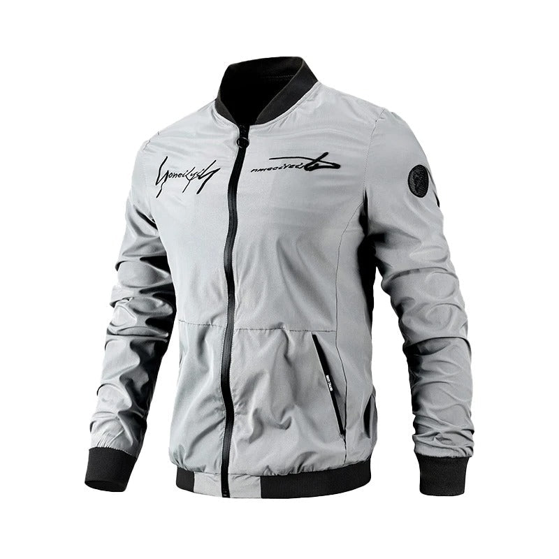 Stylish men's embroidered bomber jacket for everyday wear. Lightweight transitional outerwear, perfect for fall and spring.