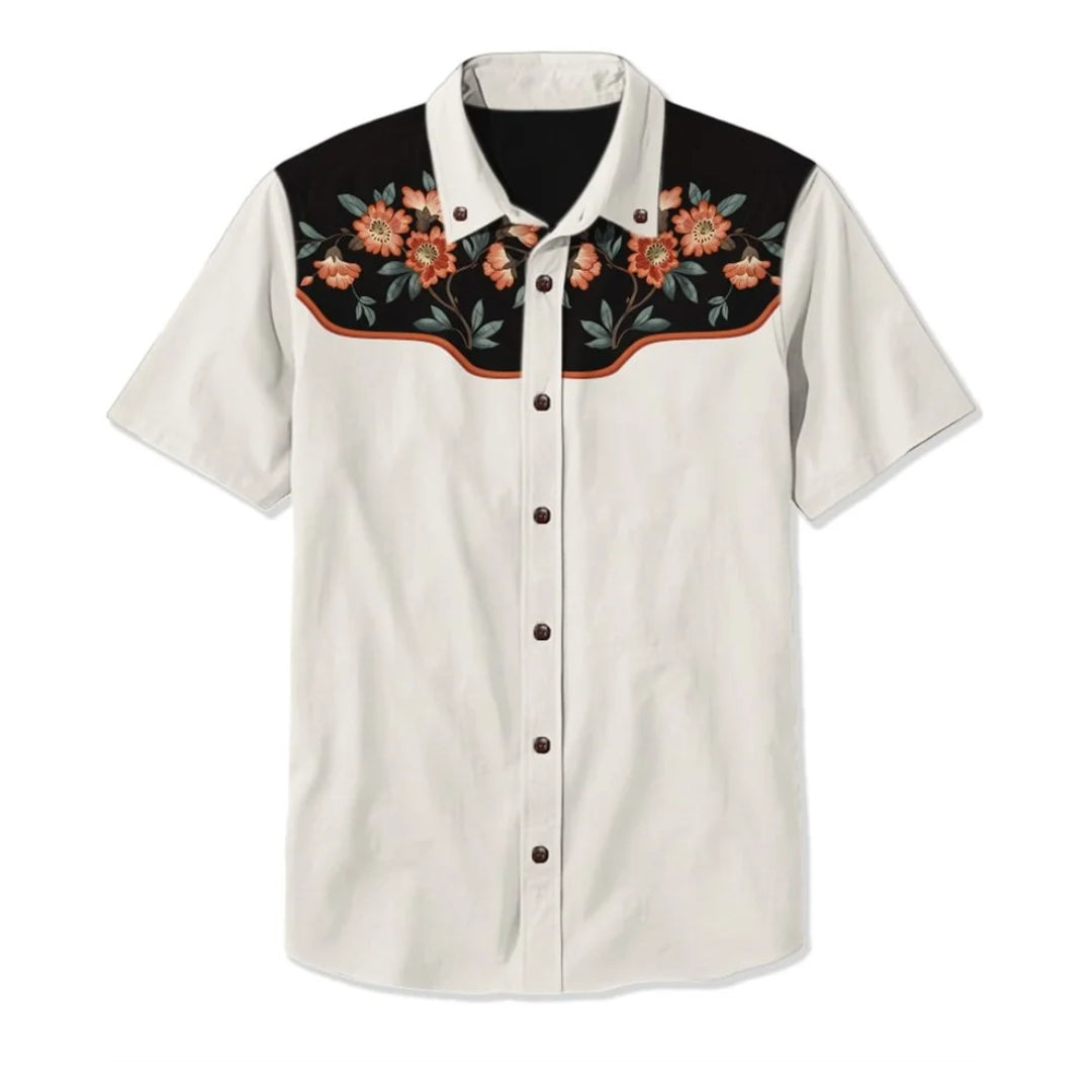 Detailed embroidery on men's western shirt, showcasing Americana design & casual fashion.