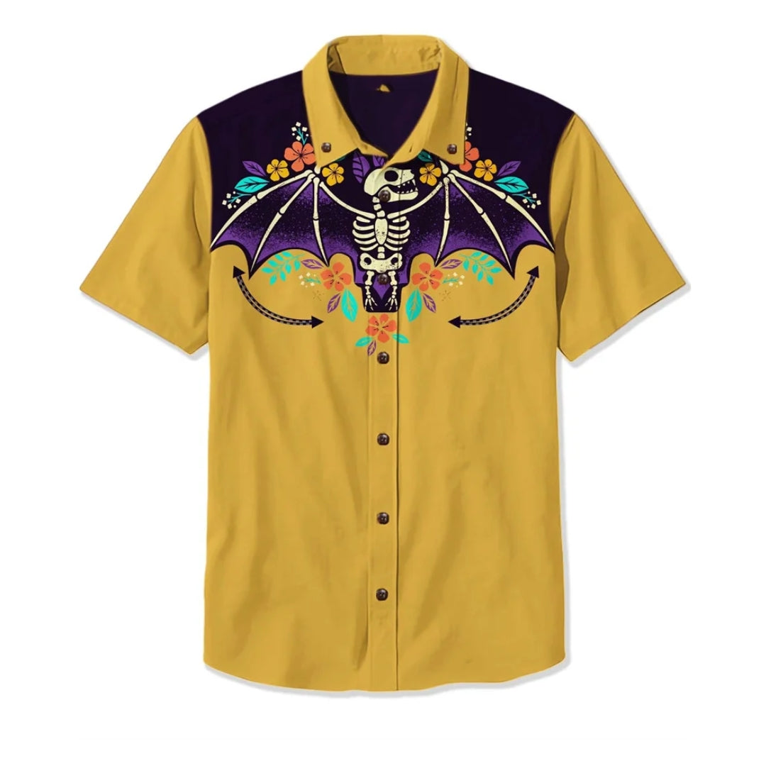 Close-up of men's embroidered western shirt, unique Americana design, casual fashion statement.