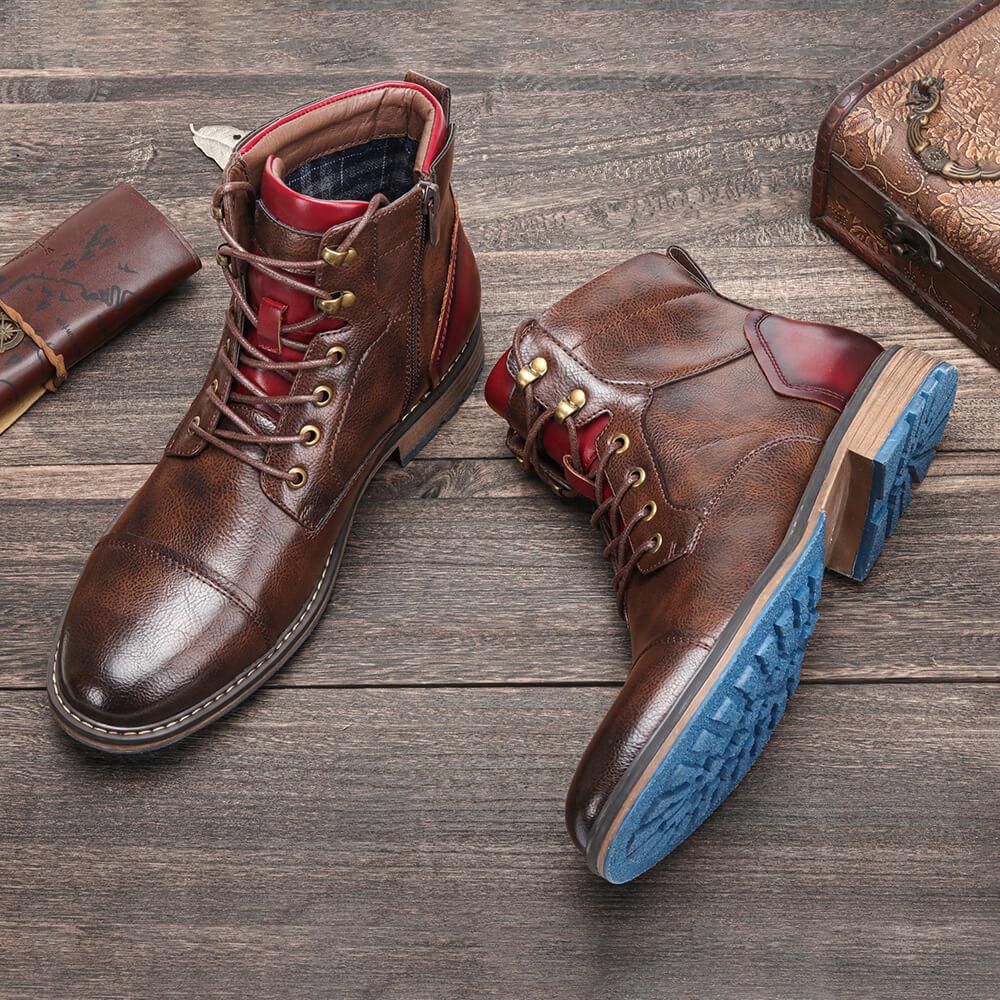 Close-up of men's zipper ankle boots, showcasing rich brown leather and unique fashion elements.