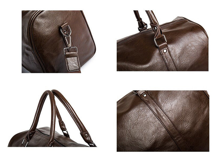 Faux leather weekender duffel for men, large capacity travel bag, durable design.