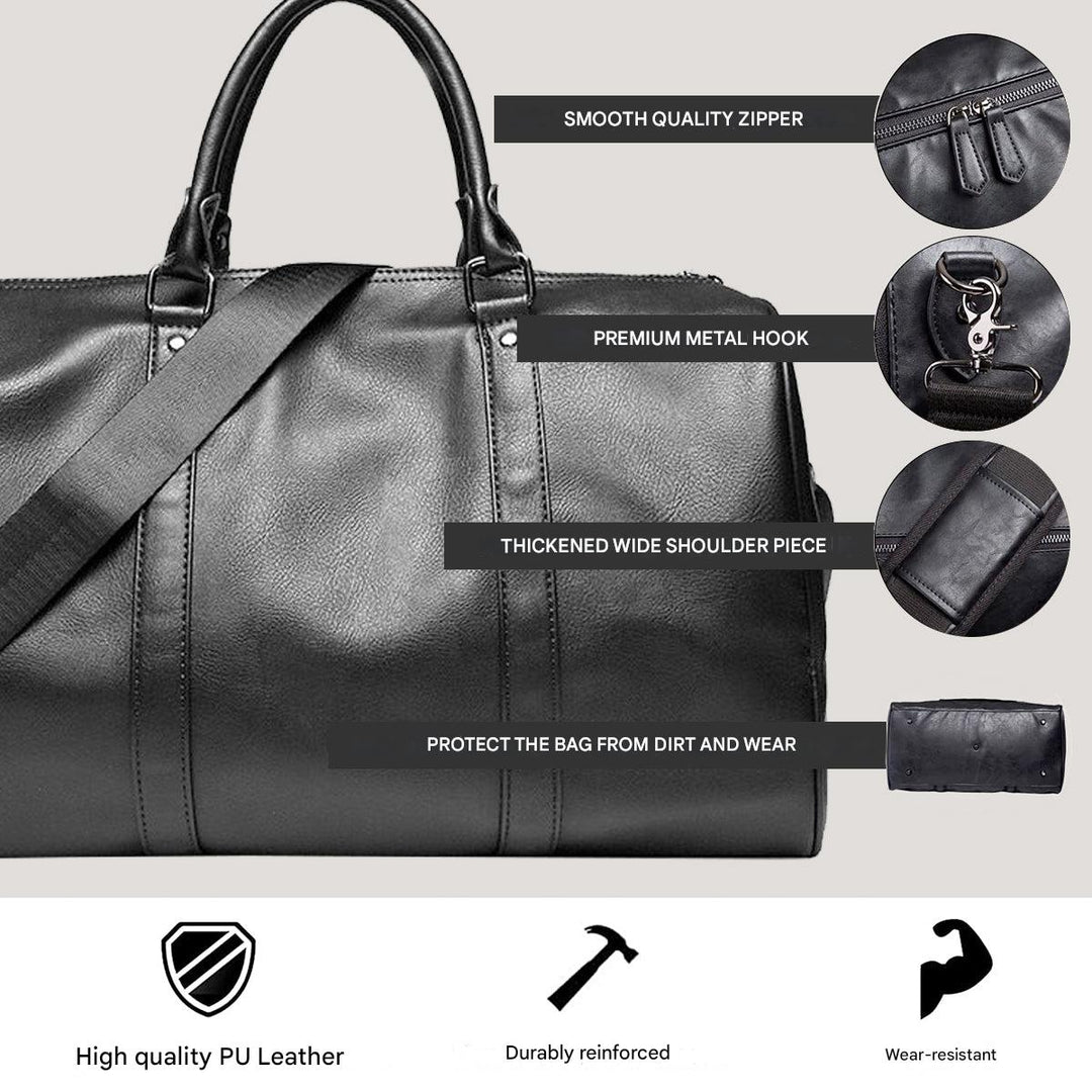 Large capacity men's travel duffel, perfect faux leather carry-on weekender bag.