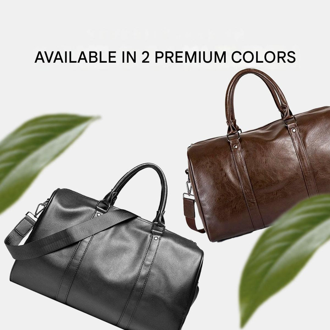 Spacious faux leather weekender duffel for men's travel, carry-on friendly design.