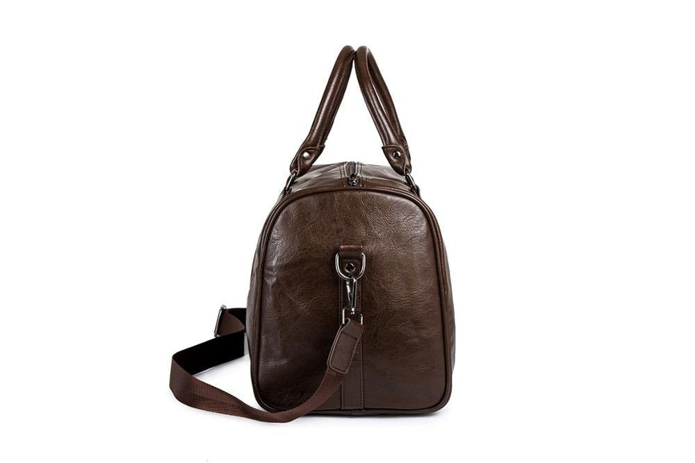 Sleek men's faux leather travel duffel bag, durable & spacious for all trips.