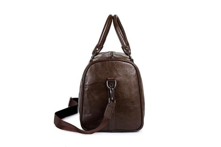 Sleek men's faux leather travel duffel bag, durable & spacious for all trips.