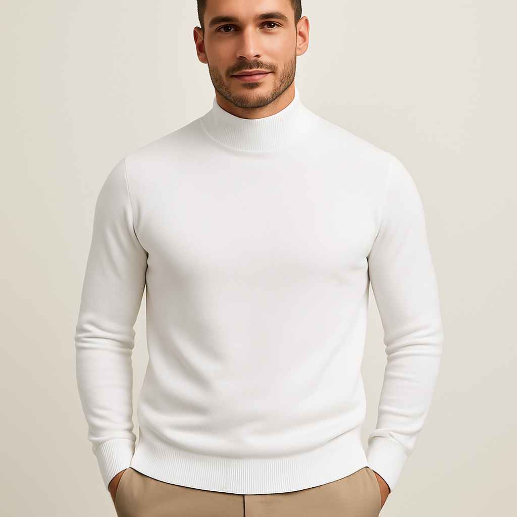 Men's fitted turtleneck sweater in a sophisticated ribbed knit, perfect for winter & fall smart casual style.