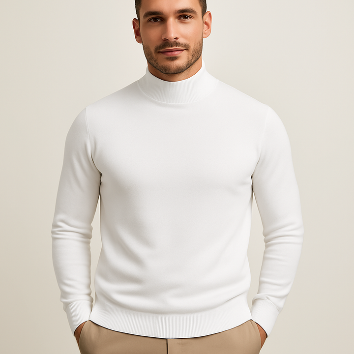 Men's fitted turtleneck sweater in a sophisticated ribbed knit, perfect for winter & fall smart casual style.