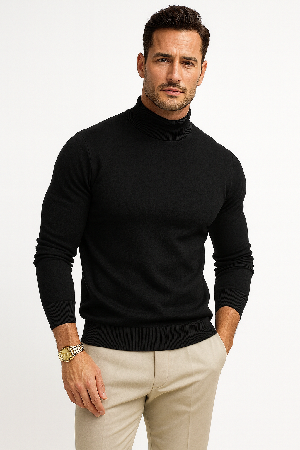Stylish men's fitted turtleneck sweater, a warm & elegant ribbed pullover for modern casual to smart wear.