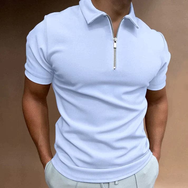 Men's fitted zip polo shirt, short sleeve, modern style for everyday comfort.