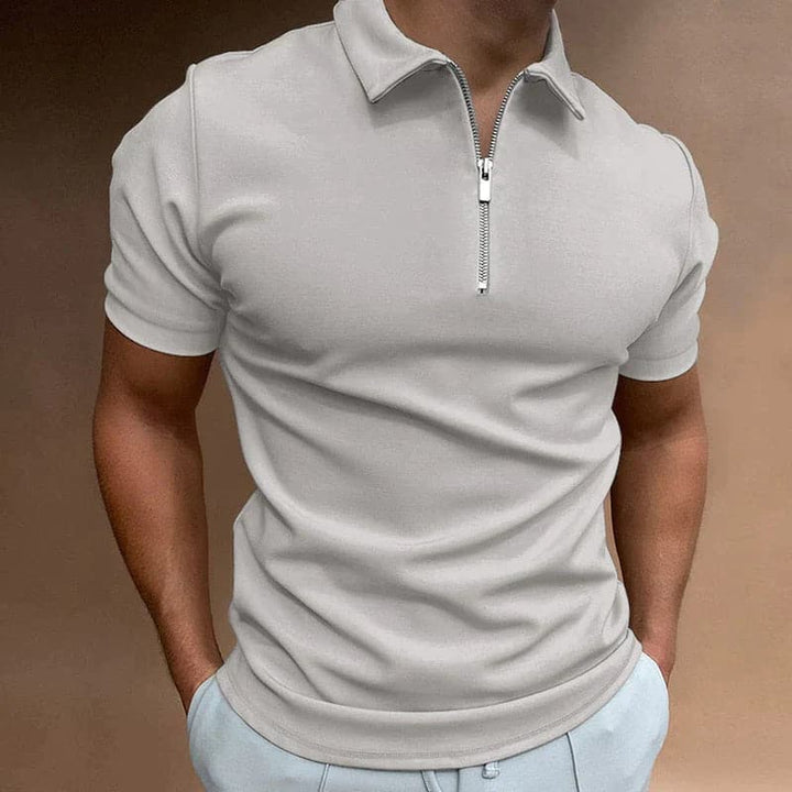 Comfortable men's modern zip polo shirt, fitted, short sleeves for versatile casual wear.