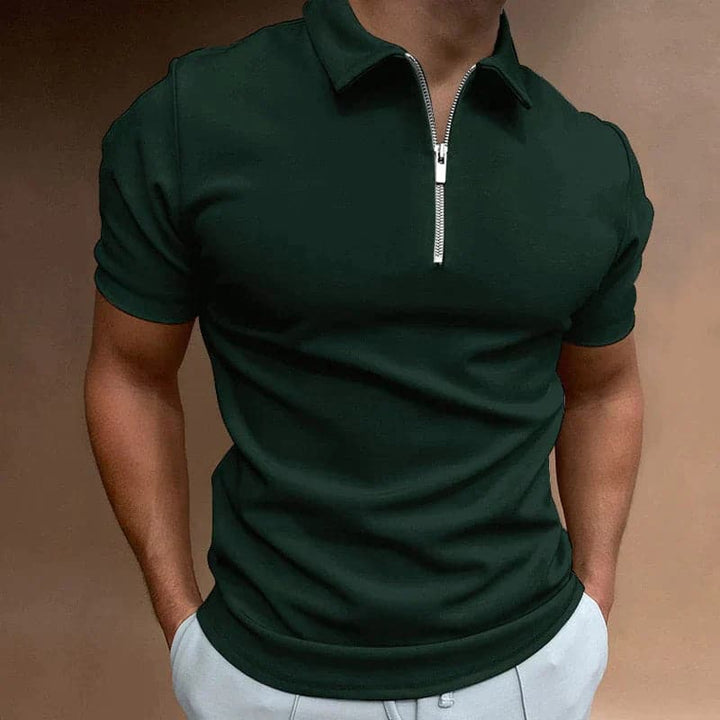 Stylish men's fitted polo shirt with a contemporary zip design and short sleeves.