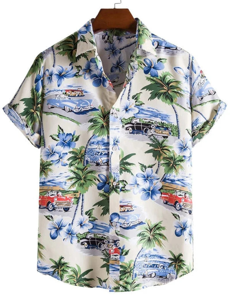 Stylish men's relaxed fit floral short-sleeve shirt. Modern summer vacation top for casual comfort.