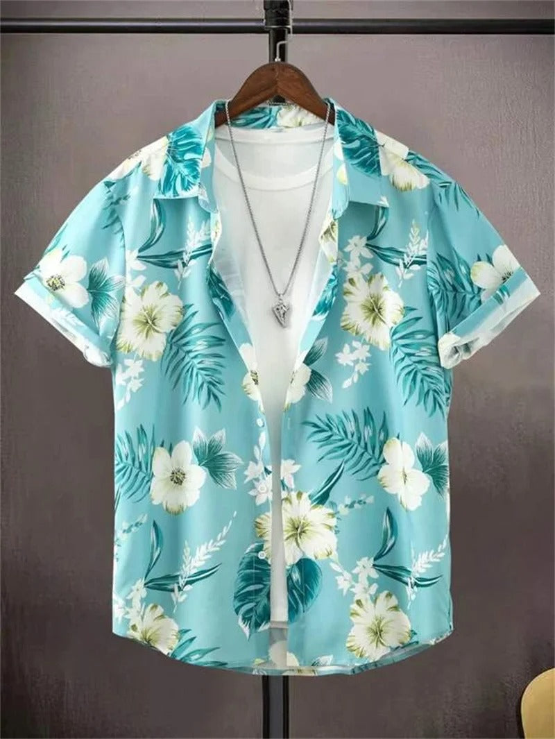 Modern men's fashion: floral printed short-sleeve collared shirt. Stylish & comfortable summer wear.