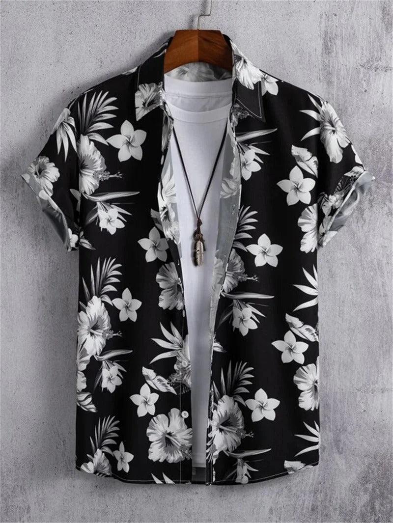 Men's summer floral print short-sleeve shirt. Collared top for a casual, comfortable look.