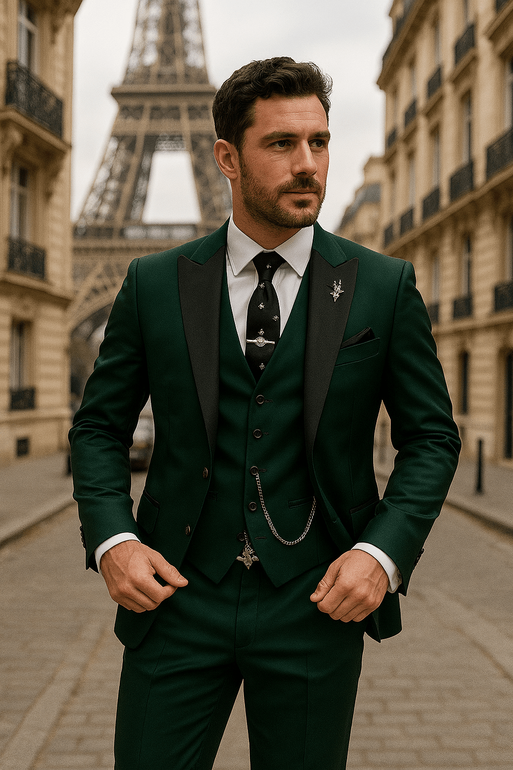 Men's formal three-piece suit in a light spring color, perfect for weddings or business events.