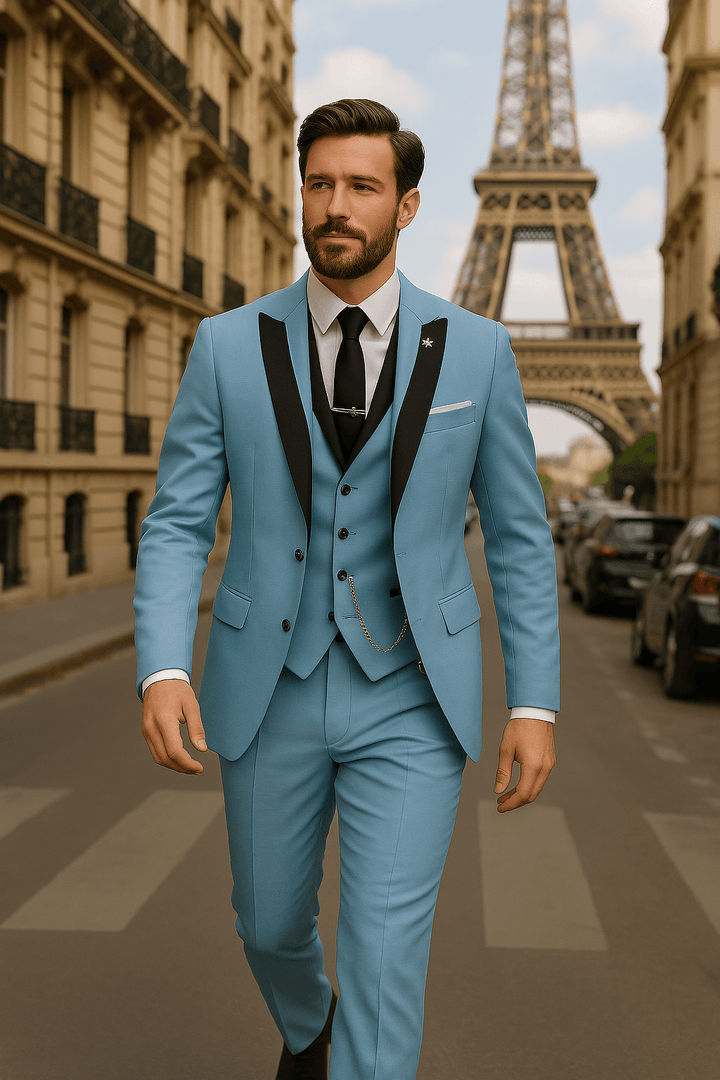 Three-piece men's suit with a crisp white shirt and tie, showcasing elegant and professional attire.