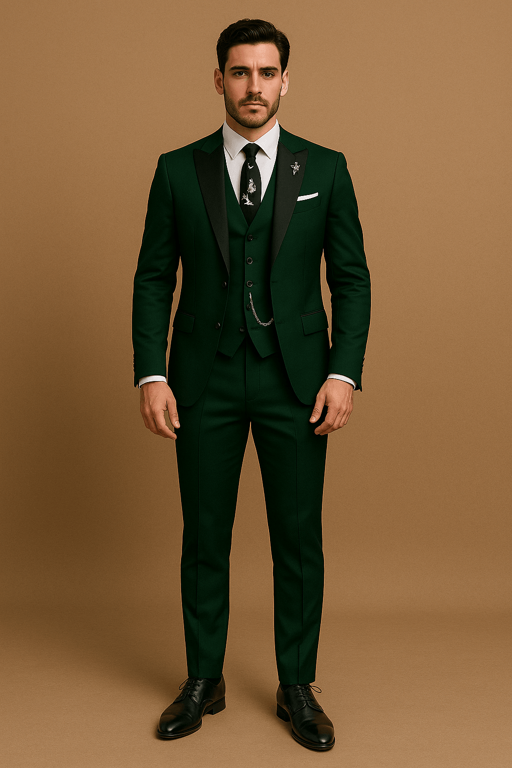 Back view of a finely tailored men's three-piece suit, demonstrating impeccable craftsmanship for formal events.