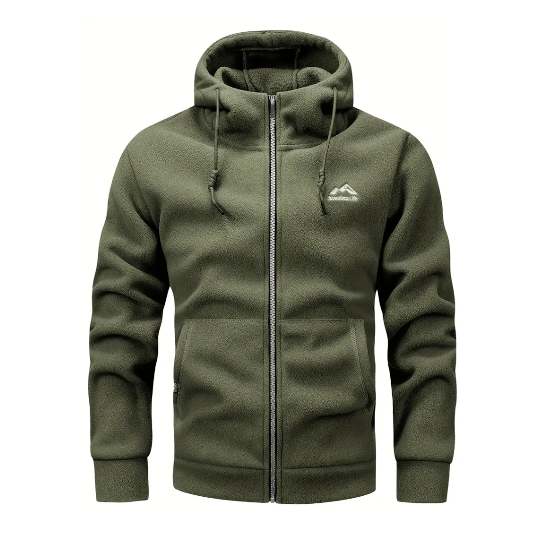Men's full-zip hooded jacket in gray for warmth & comfort. Ideal for fall & winter outdoor wear.