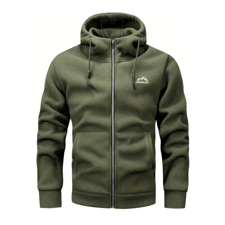 Men's full-zip hooded jacket in gray for warmth & comfort. Ideal for fall & winter outdoor wear.